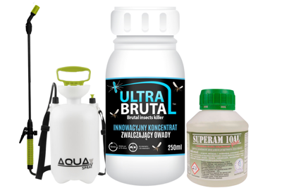 Innowacyjny preparat na komary Ultra Brutal 250 ml + utrwalacz do oprysku 250 ml + opryskiwacz ciśnieniowy 5 litrów